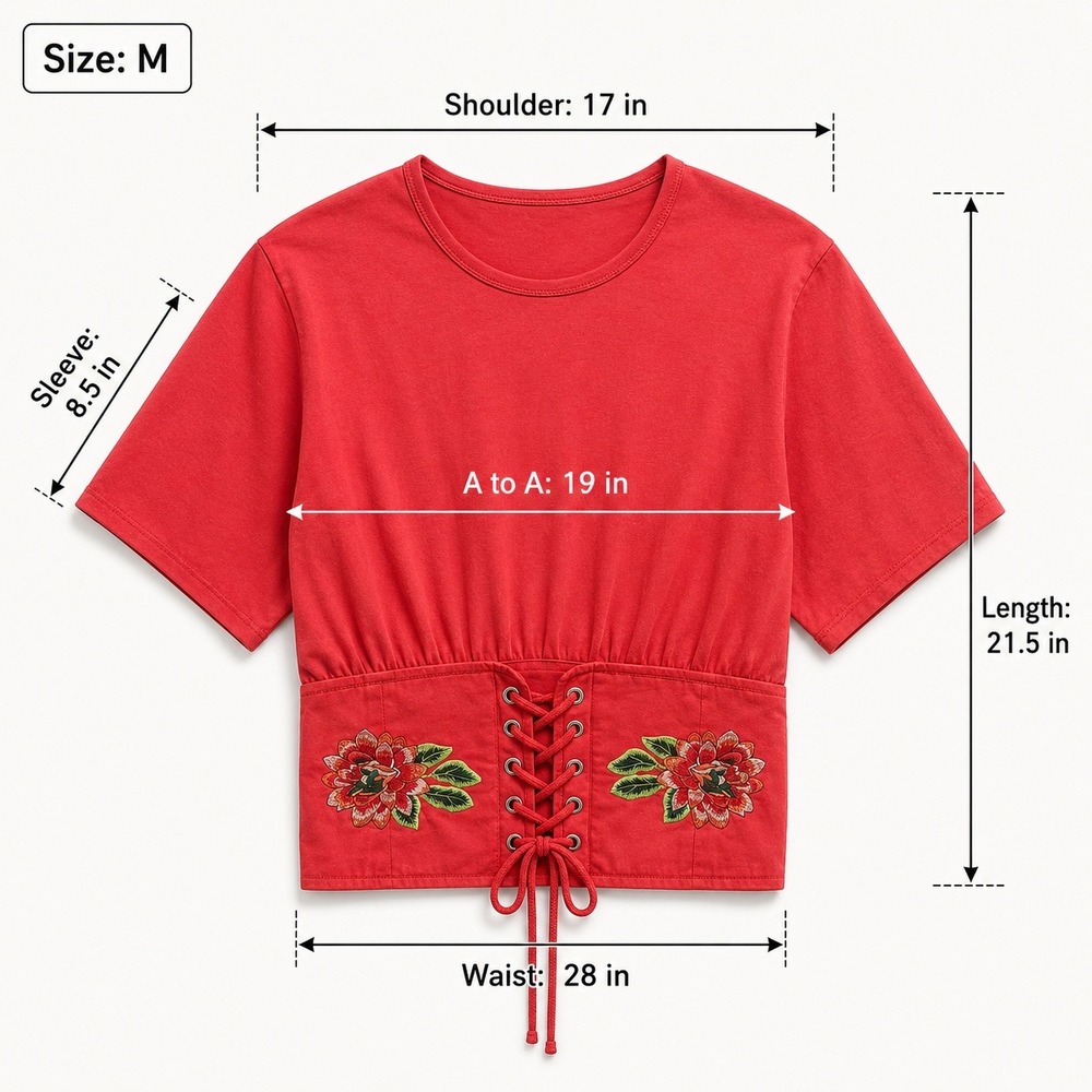 Zara Red Corset Lace Up Floral Embroidered Short Sleeve Top Size M - Picture 8 of 8